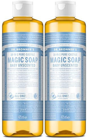 Dr Bronner's 18-in-1 Baby Unscented Pure Castile Liquid Soap, Made with Organic Oils, Used for Face, Hair, Babies & Kitchen. Certified Fair Trade & Vegan Friendly, 473ml Recyled Bottle