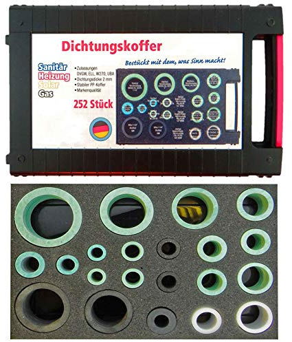 MegaHaustechnik Dichtungskoffer universal mit 252 Stück Dichtungen für Heizung Gas Wasser Sanitär Solar DVGW Zulassungen, Made in Germany