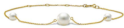MIORE Bracciale donna con Perle, Catenina In Oro Giallo 14 Kt 585 con 3 Perle naturali passanti, Perle Bianche Coltivate in acqua dolce. Braccialetto con catenina Lungo Cm 17,5 estendibile a Cm 21,5