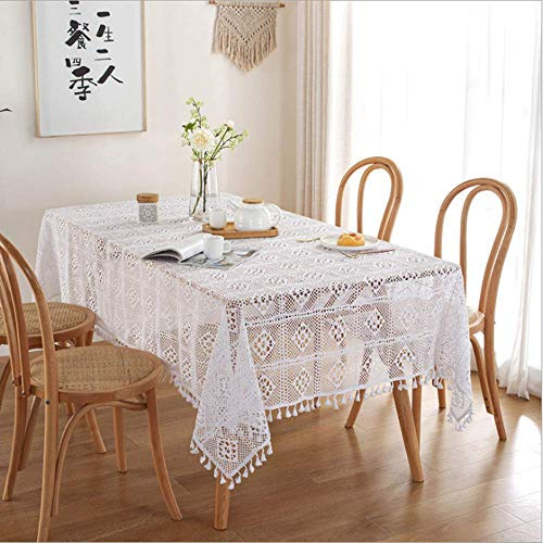 BMIDRUT Tovaglie in cotone bianco all'uncinetto, centrini in pizzo, tovaglie all'uncinetto vintage rettangolari, copritavolo, runner da tavolo, decorazione tavolo matrimonio casa festa, 140x140 cm