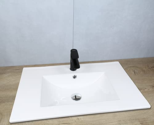 Lavabo de cerámica rectangular 710 x 465 x 175 cm, color blanco con rebosadero, lavabo empotrable con desagüe desplegable cromado