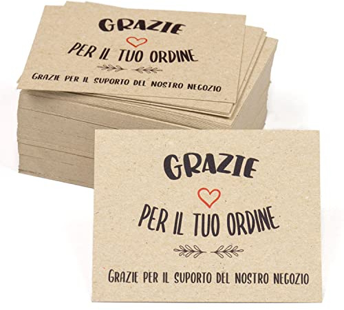 100 Biglietti grazie per il tuo ordine, in Italiano. 10x7 cm, etichette ringraziamento, da accompagnare nell'ordine di negozi online e negozi, vintage, cartone riciclato al 100%