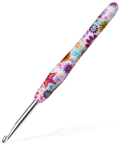 5mm Crochet Hook, Aeelike Ergonomic Soft Rubber Grip Crochet Hook for Arthritic Hands and Beginners, Pretty Floral Pattern Metal Crochet Needle 5mm