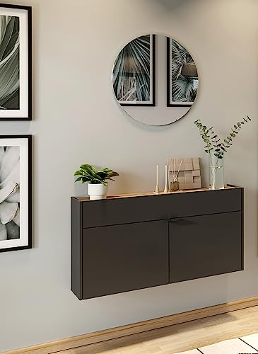 Lomadox Garderobe Flurgarderobe schmal in grau mit Eiche modern 2-teilig mit 1 Schuhschrank und 1 Spiegel