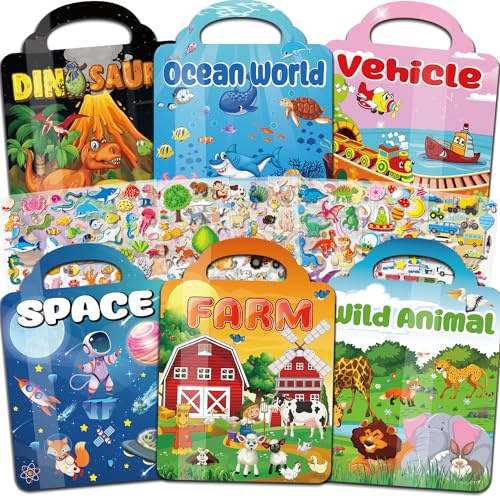 OSIMIG 6Pack Reusable Sticker Book for Kids 2 3 4 Year olds, 300+ 3D Puffy Stickers for Toddlers Include Themes Vehicle, Dinosaurs,Animals etc. Educational Learning Toy Birthday Gifts