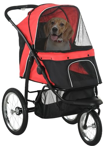 PawHut Dog Pram for Medium Small Breeds w/Rubber Wheels, Red | Dog Stroller Jogger Foldable Pet Pushchair, Washable Cushion