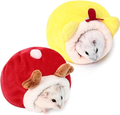 CHUANGOU 2 pcs Lit de Hamster Peluche，Maison Hamster，pour Hamster Cobaye Hérisson Écureuil Hérisson.（Jaune et Rouge）
