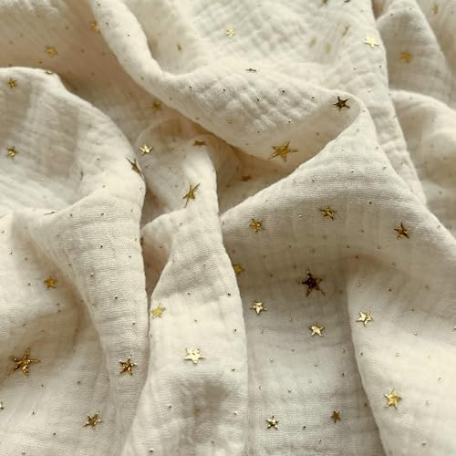 TexTrend Tissu au Mètre - Double Gaze Mousseline - Coton - 1 Mètre 160 x 100 cm - Tissu pour Couture - Enfants - Doux et Moelleux - Ecru avec Étoiles Dorées