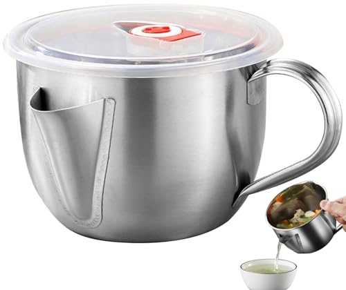Peosaard Fat Separator Jug 1L Stainless Steel Gravy Separator with Lid and Handle 2 Outlets Bacon Grease Container