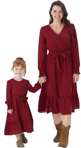 PATPAT Mamma dotter klänning set långärmad stitching enfärgad familjeoutfits, klänningar för flickor partnerlook, mamma dotter strandklänning, mamma baby partnerlook för baby – flickor, damer, Vinröd,