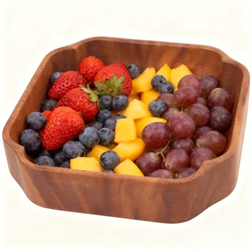 Tissting Vassoio In Legno, Ciotola Per Insalata Con Due Scomparti, Rustico Per Alimenti, Insalate, Frutta, Pane, Insalatiera In Legno, Vassoio Per Chiavi D'Ingresso (Square 20cm)