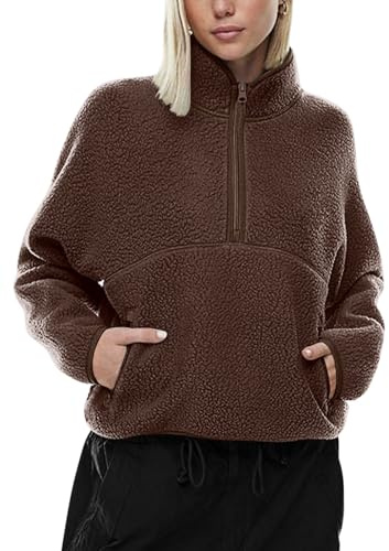 LASLULU Womens Half Zip Pullover Brown Sherpa Jacket Fleece Faux Fur Teddy Cropped Jackets Sweatshirt Fuzzy Sweaters 2025 Warm Fall Winter Jackets Outfits Clothes (Espresso,Small)