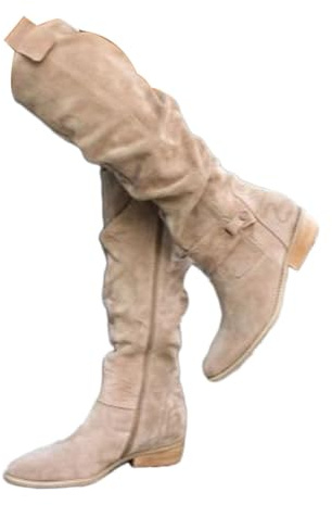 shownicer Botte Hautes Femme Daim Bottes Elegant Bout Rond Bottines Automne et Hiver Talon Bas Boots Confortable Chaussures A Beige 39