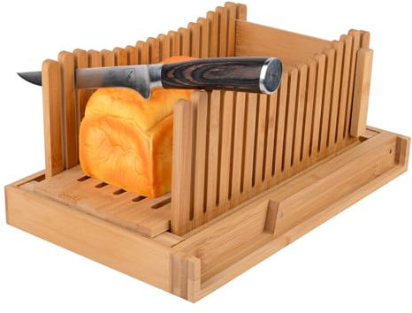 Trancheuse à pain pliable en bois de bambou de 35,1 x 21,8 x 3,8 cm, compacte, épaisseur réglable, avec plateau ramasse-miettes pour pain, gâteaux, bagels faits maison