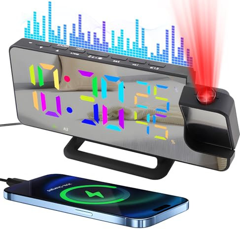 Wecker mit Projektion Schlafzimmer, Radiowecker Funkuhr Digital, 7.48 LED RGB Spiegel Projektionswecker Nachttisch, Schlummer, Temperatur Luftfeuchtigkeit, 12/24H, Doppelalarm, 5 Helligkeitsstufen