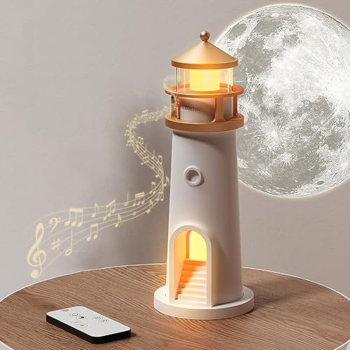 Decoración de Faro, Casa de Luz con Luz LED Proyección de Luna Lámpara de Faro con Control Remoto y Función Bluetooth Regalo para Navidad Cumpleaños Acción de Gracias Día de San Valentín, 24 x 7 cm