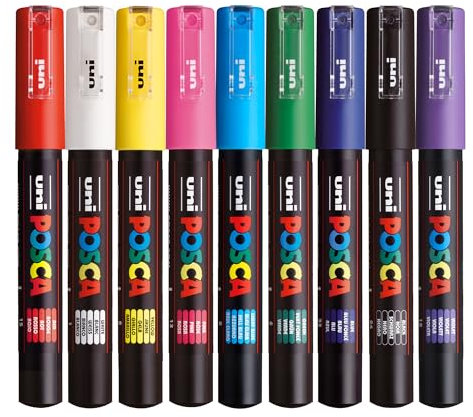 Posca - Standard PC-1M Acrylic Paint Pens (9pc), Multi Surface Markers for Windows, Glass, Graffiti, Fabric, Rock Painting, Canvas, Wood, Metal, Fabric, Colouring, Arts & Crafts, with 4 Stickers