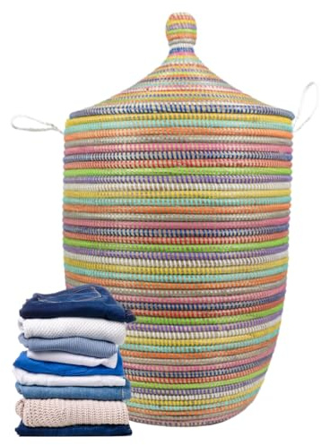 Lafali Afrikanischer Wäschekorb mit Deckel | Geflochtener Korb COLEUR | Handgefertigt aus Savannengras | Nachhaltig & Verantwortungsvoll produziert | Vielseitig einsetzbar