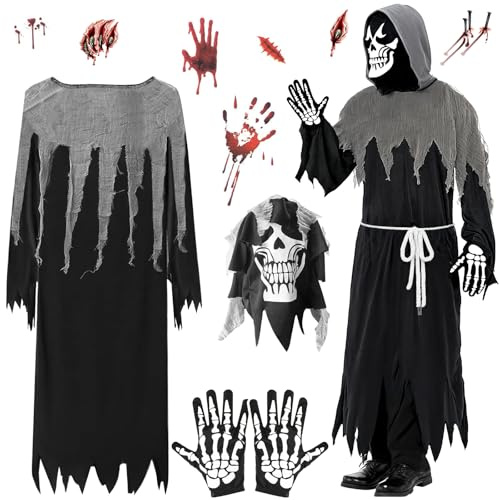 TEBOKHAD Disfraz Halloween De Adulto, Disfraz de Muerte Con Máscara De Calavera, Guantes de Esqueleto, 30 Pegatinas Tatuaje, Grim Reaper Costume Para Fiesta De Halloween, Cosplay y 165-185cm