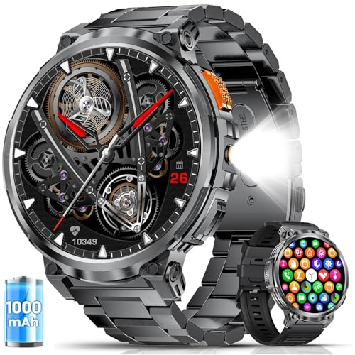ESFOE Smartwatch Herren Militär mit 1000mAh Akku/LED-Licht,1,85” Großer Smartwatch mit Telefonfunktion,Fitnessuhr Sportuhr 5ATM Wasserdicht/130+ Sportmodi/Herz-/Schlaf für Android iOS Matt-Schwarz