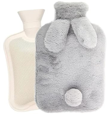 Bolsa de Agua Caliente,2L Bolsa De Agua Caliente Con Funda,lindo, orejas de conejo,Botellas de Agua Caliente con Suave Felpa Funda para proporcionar calor(Gris Claro)