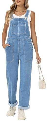 Fengbay - Mono de mujer con peto de mezclilla, estilo casual, baggy, de pierna ancha, elástico, con tiras ajustables, de moda, azul claro, L