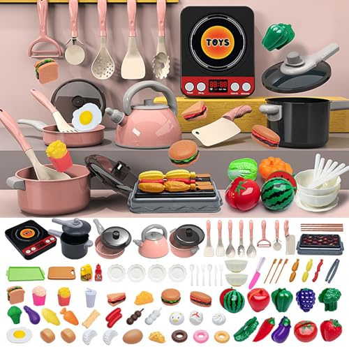 Kitchen Pretend Toy, Pretend Cooking Playset, Mini Pots Pans Toy Kitchen Accessories with Induction Cooker, Cutting Fruits Veggies,Educational Cooking Set for Toddlers Girls Boys Ages 3+ (Pink 71pcs)