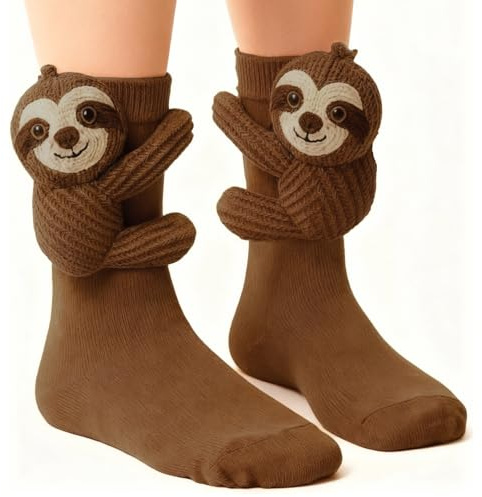 Yizemay Calzini con bradipo 3D, calzini da donna, regali di Natale, caldi e morbidi, novità 3D a forma di animale lavorato a maglia, divertenti, bradipo, da abbracciare, regali per bambini, adulti
