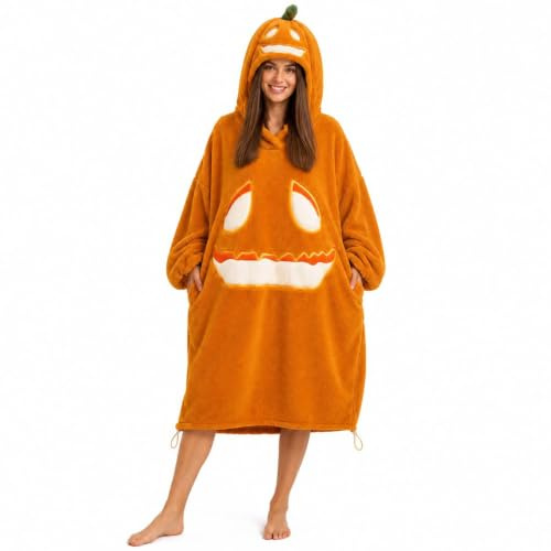 CGGMVCG Couverture à Capuche Unisexe en Polaire surdimensionnée en Forme de Citrouille Couverture Confortable en Peluche Costume de Citrouille Vêtement de détente