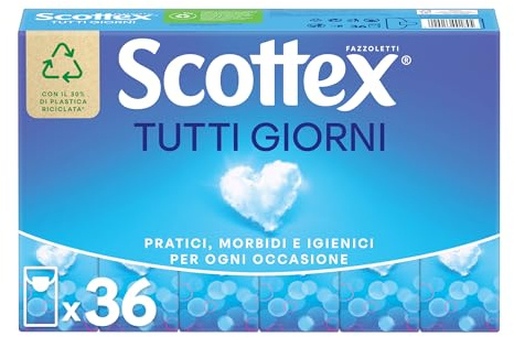 Scottex Lot de 36 mouchoirs, 4 voiles, avec carte certifiée FSC, 36 pièces, 1 lot de 36 paquets de mouchoirs en papier