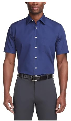 Van Heusen Men's Short Sleeve Dress Shirt Regular Fit Poplin Solid, Persian Blue, 16.5 Neck
