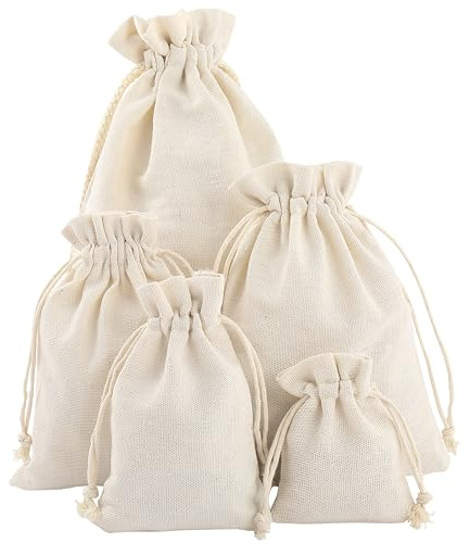 Sansam Cotton Muslin Drawstring Gift Bags, 10pcs Mixed Sizes Reusable Thicken Natural Cotton Sachet Bags for Spice, Jewellery and Crafts, Cheesecloth Brew for Straining Herbs