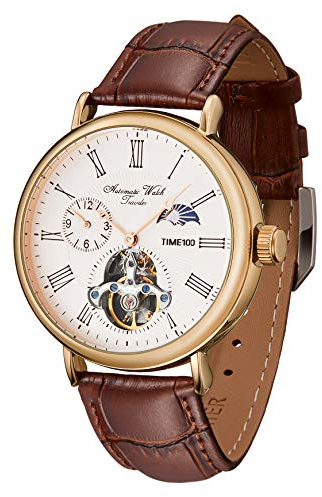 TIME100 Herren Automatikuhr Navigator-Serie Tourbillon-Stil Dual Zeitzone Business Kalender Mechanische Uhr Lederband, Goldweiß