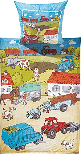 Erwin Müller Kinder-Bettwäsche, Bettgarnitur Tiere, Bauernhof Renforcé - temperaturausgleichend, strapazierfähig, mit praktischem Reißverschluss - Bauernhof 3 Größe 135x200 cm (80x80 cm)