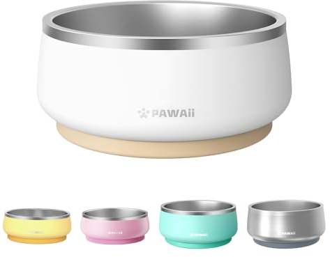 Pawaii Dog Bowl, 34 oz Double-Wall Stainless Steel Food and Water Bowl, Non-Slip Rubber Base, Dishwasher Safe, ID Tag Included, (1 Pack)