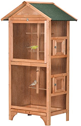 PawHut Jaula para Pájaros Pajarera de Madera con 3 Puertas 4 Perchas Bandeja Extraíble y Techo Asfáltico 80,5x57x153 cm Natural