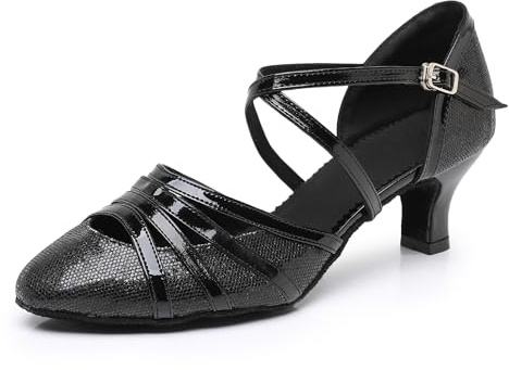 Rosefinch Zapatos de Baile Latino de Salsa para Mujer, Puntera Cerrada, Tango cha-cha, Zapatos de Baile de salón de Baile,Tacón Negro de 5cm, 39 EU
