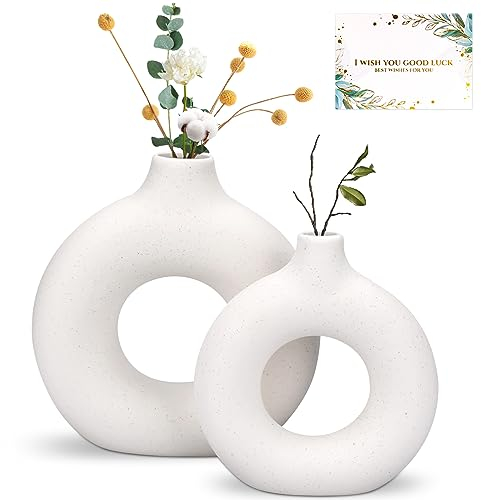 TAVADA Donut Keramik Vase Satz von 2 für Moderne Home Decor, Runde Matte Vasen für Pampasgras,Keramic Vasen, Neutral Boho Nordic Minimalismus Stil Blumenvasen