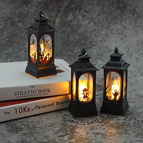 3 stycken halloween flamlykta, halloween retro LED-lampa, plast små hängande lampor med pumpa spökhand slott för festdekoration presenter (A)