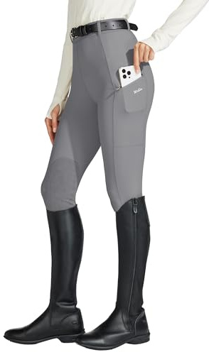 Willit Women's Horse Riding Pants Knee-Patch Equestrian Breeches Horseback Schooling Tights Zipper Pockets Stone Gray M