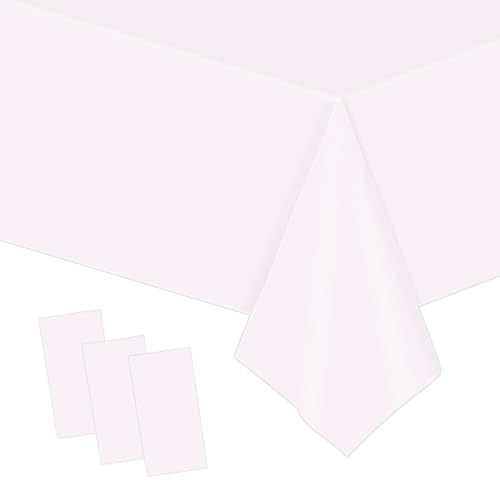 POPOYU 3Pcs White Table Cloths for Party, 137x274cm Large Rectangular Tablecloths, Solid Color Tablecloth, Wipe Clean|Waterproof|Oilproof Table Cover for Parties, Daily Use, Outdoor Picnic