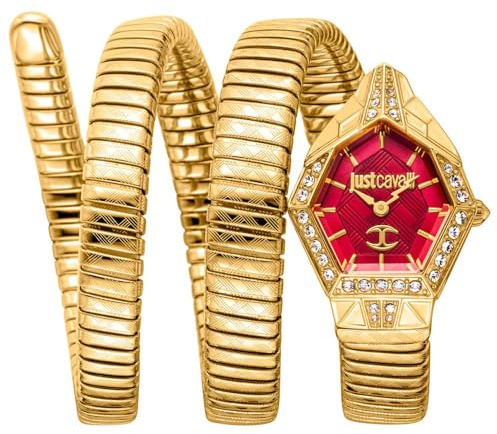 Just Cavalli Damenuhr, goldfarbenes Gehäuse, rotes Zifferblatt, goldfarbenes Metallarmband, 2 Zeiger, 3 ATM, Goldfarben, Armbanduhr