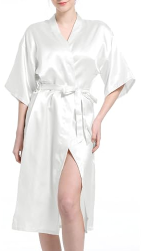 Xuepelit kimono badrock dam sommar satin bride morgonrock dam lätt lång brud morgonrock sidenpyjamas, Vit, M