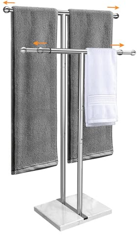 Kayfia 40 Standing Towel Rack with Weighted Marble Base, Width Adjustable & Taller Bathroom Towel Rack Stand, 2-Tier Towel Racks for Bathroom, Multiple Spaces Stainless Steel Brushed Finish