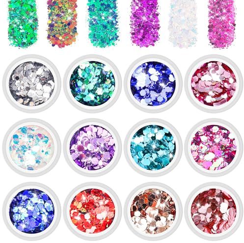 BISHENGYF Paillettes Corps, 12 Couleurs Visage【Mise à Niveau Festival】Poudre Ongles Nail Art, Maquillage Holo pour Yeux, Cheveux, Bricolage Manuel Enfant Glitter