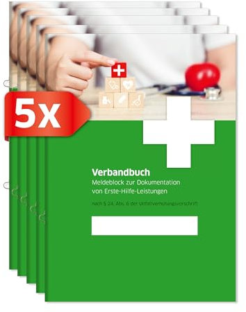 PRIMUS PRINT Verbandbuch - Unfallbuch - Erste-Hilfe Dokumentation - Meldebuch DSGVO konform - A5 Format - Ringösenheftung und Abrissperforation - Gewerbe, Arbeit und Erste-Hilfe-Maßnahmen [5er Set]