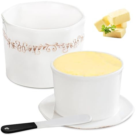 Beurrier français avec couvercle, en céramique, 280 ml, avec couvercle, refroidi à l'eau, avec couteau en céramique, pour beurre frais et tartinable, blanc