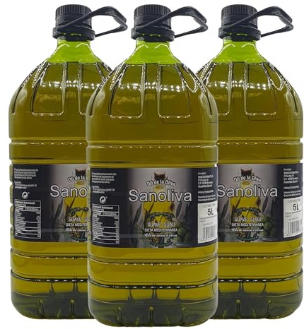 Aceite de Orujo - Aceite de Oliva Suave - SANOLIVA - 5 Litros - Origen ESPAÑA - Aceite de Oliva Sansa/Orujo - Pack 3 Garrafas x 5 litros
