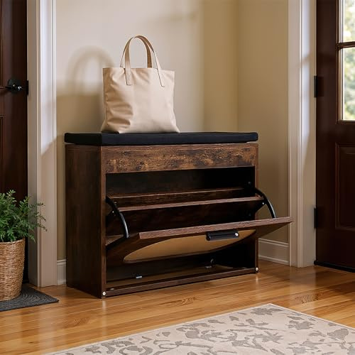 Warmiehomy Shoe Storage Bench with Cushion, Shoe Bench with Flip Drawer and Padded Seat, Shoe Cabinet Storage Bench for Hallway, Entryway W74 x D24 x H51cm,Rustic Brown