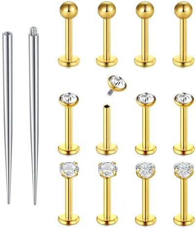 Funseedrr 12 piercing per labbro con piercing conico, 16 G, 6/8/10 mm, in acciaio inox, con zirconi, per elice, trago, labbro, medusa, labbro, naso, piercing, Acciaio inossidabile